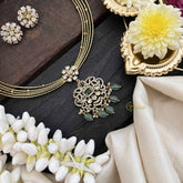 Vriksham Traditional Gold-Plated With Floral AD Stone Pendant Hasli Choker-Green-Green Bead-G20527